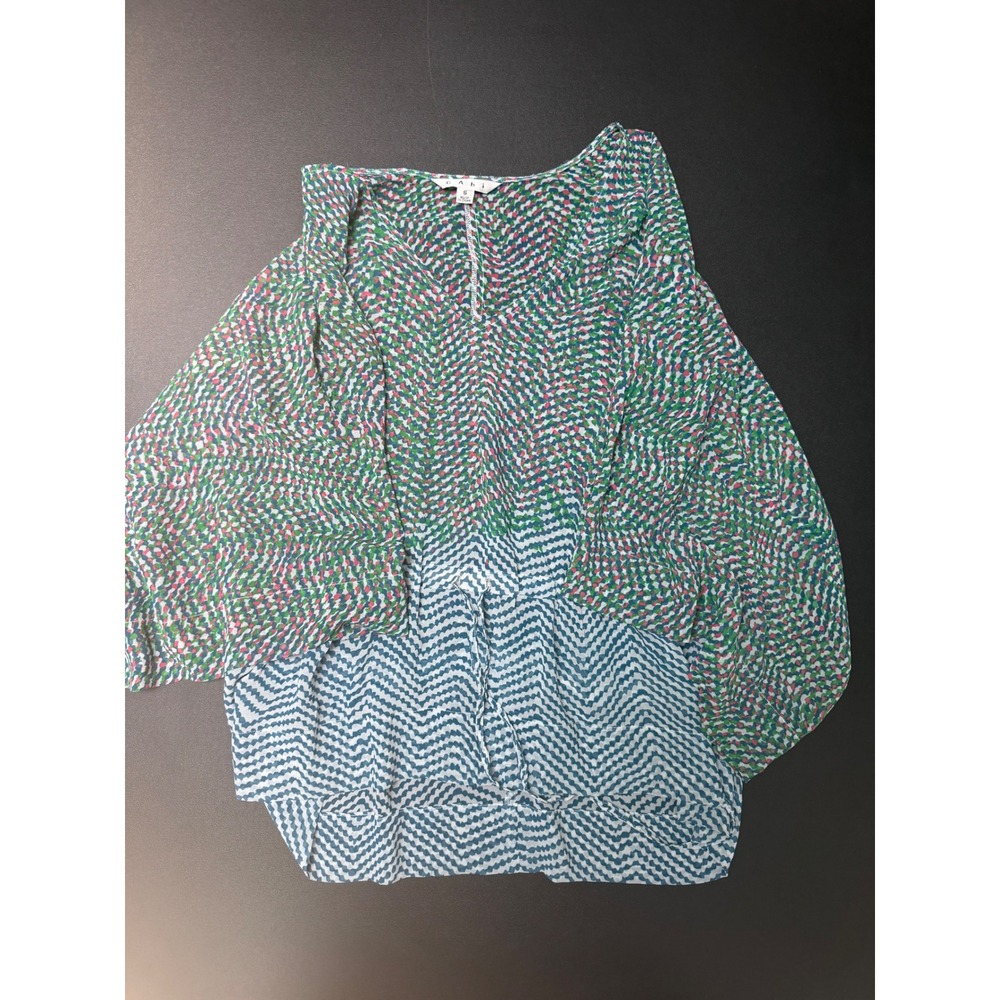 Cabi Women Green Pink Blue Geometric Chevron V-Neck‎ Drawstring Blouse Small